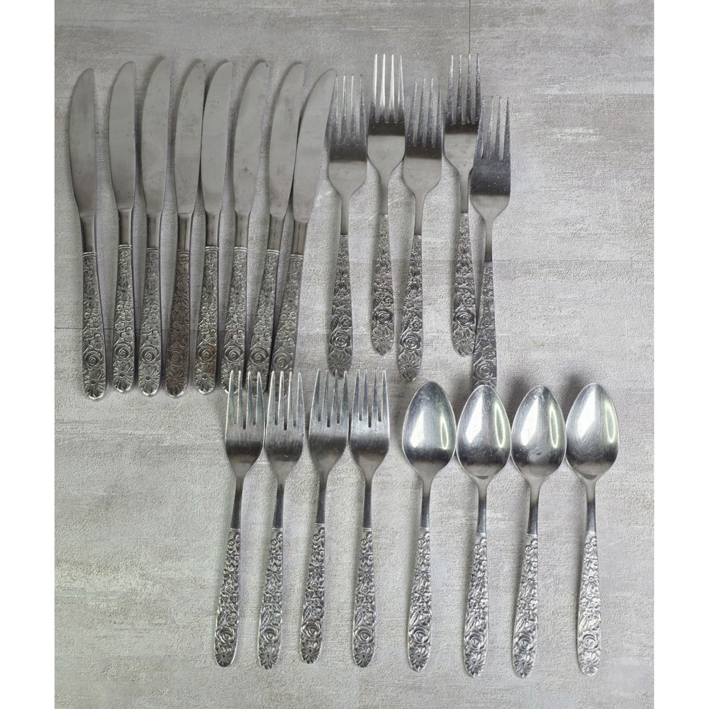Lot 21pc Stanley Roberts SRB180 Stainless Floral Rose Glossy Flatware Silverware